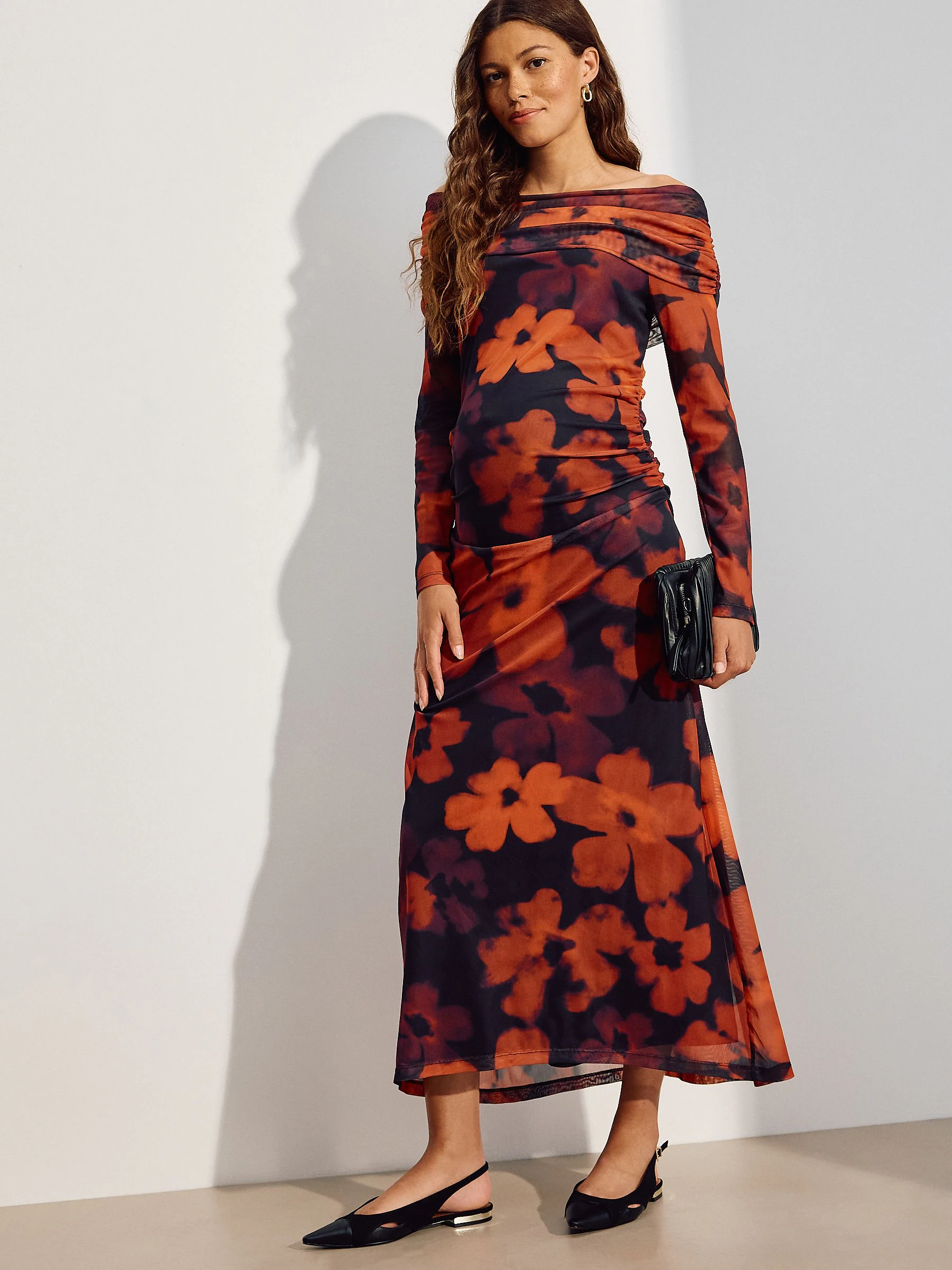 Bordeauxrood gebloemd - Maternity Mesh Bardot Dress