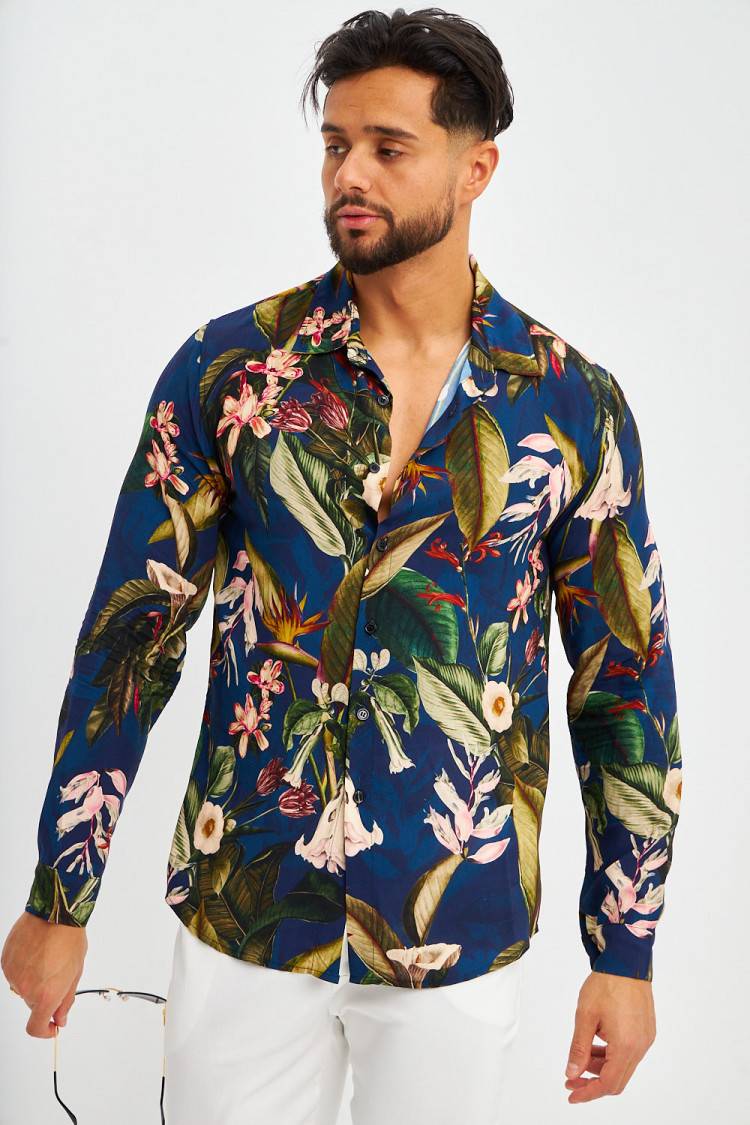 Chemise bleu marine à imprimé tropical