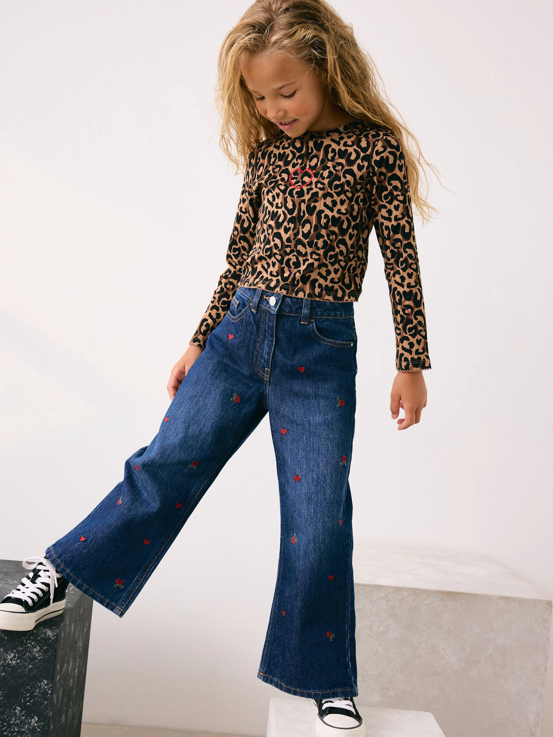 Donkerblauw - Wide Floral Print Embellished Jeans (3-16yrs)
