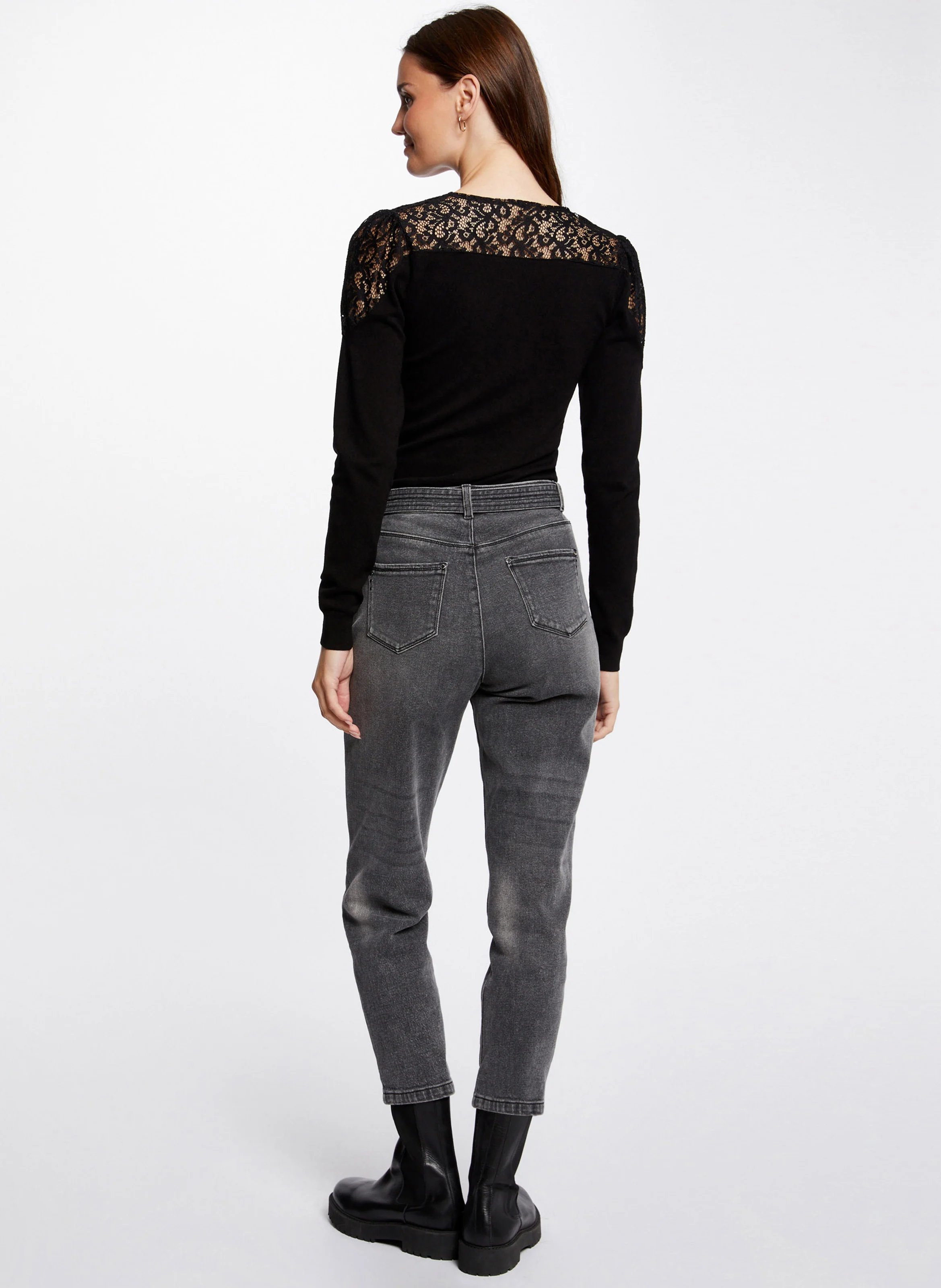 MBOU - Pull fin col V en dentelle| Noir