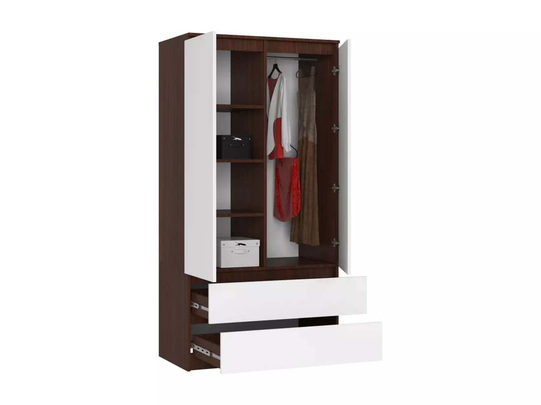 Armoire AKORD S90 Wengé 90 cm 2 portes 2 tiroirs façade Blanche 4 étagères 90x51x180 cm