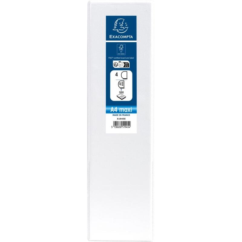 Classeur 4 anneaux plastifié Exacompta Kreacover personnalisable A4 maxi - Dos 9 cm blanc