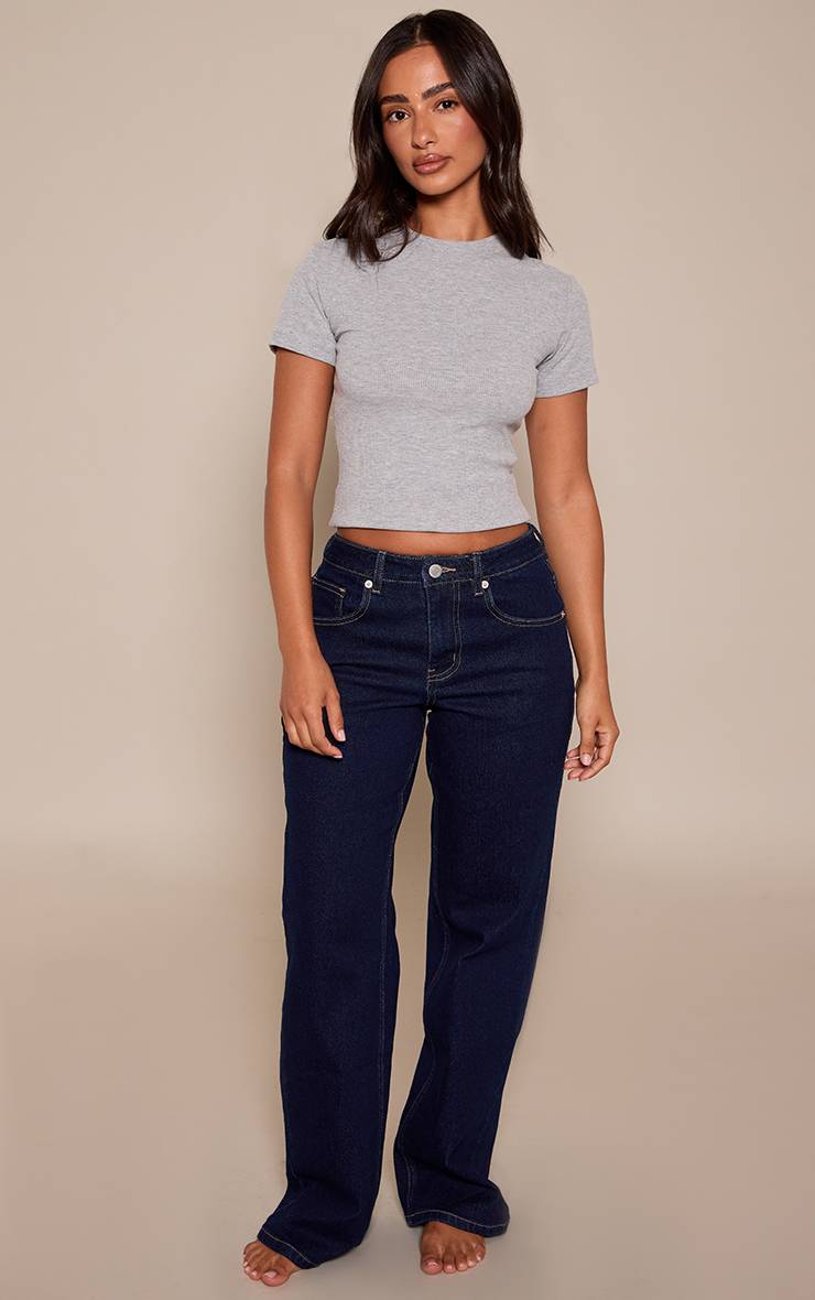 Bleu Indigo Jean Droit Taille Haute En Denim Stretch