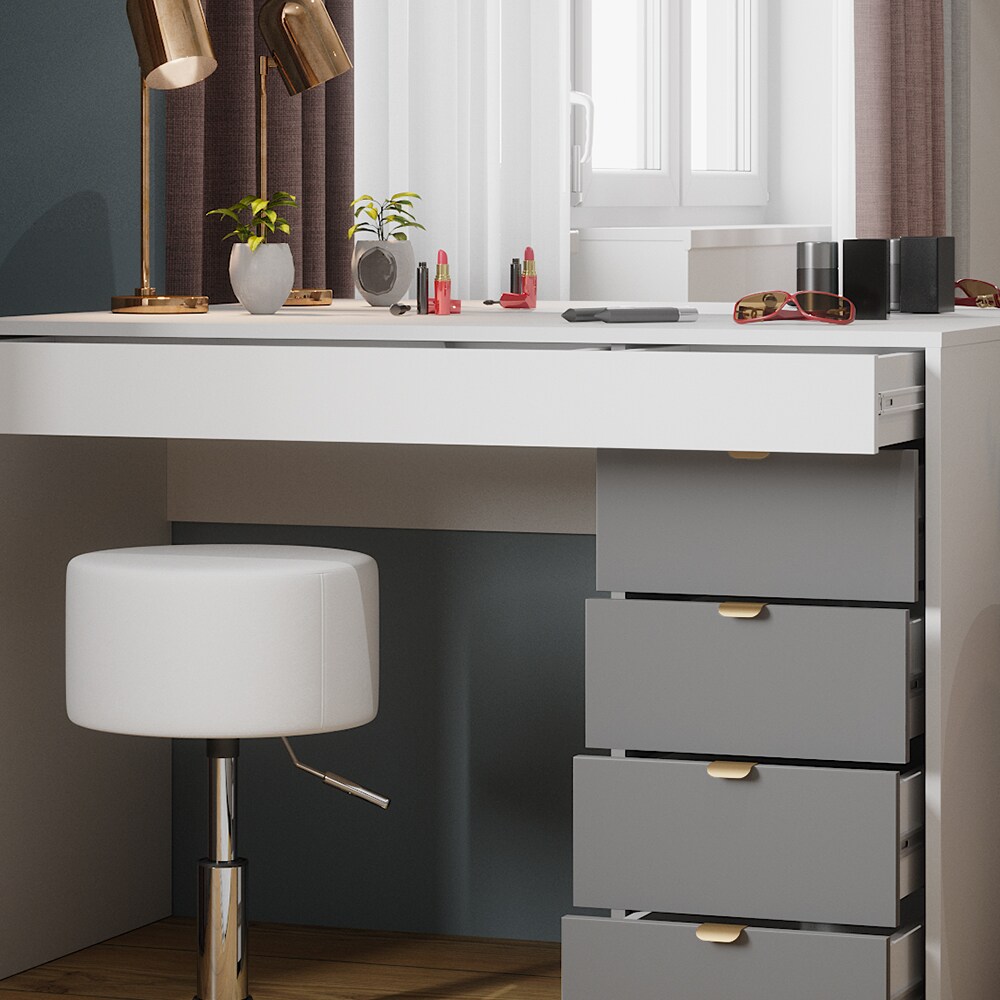 Vicco Schminktisch Elise Weiß Grau 115 x 76 cm modern Frisiertisch Schubladen Spiegel Hocker