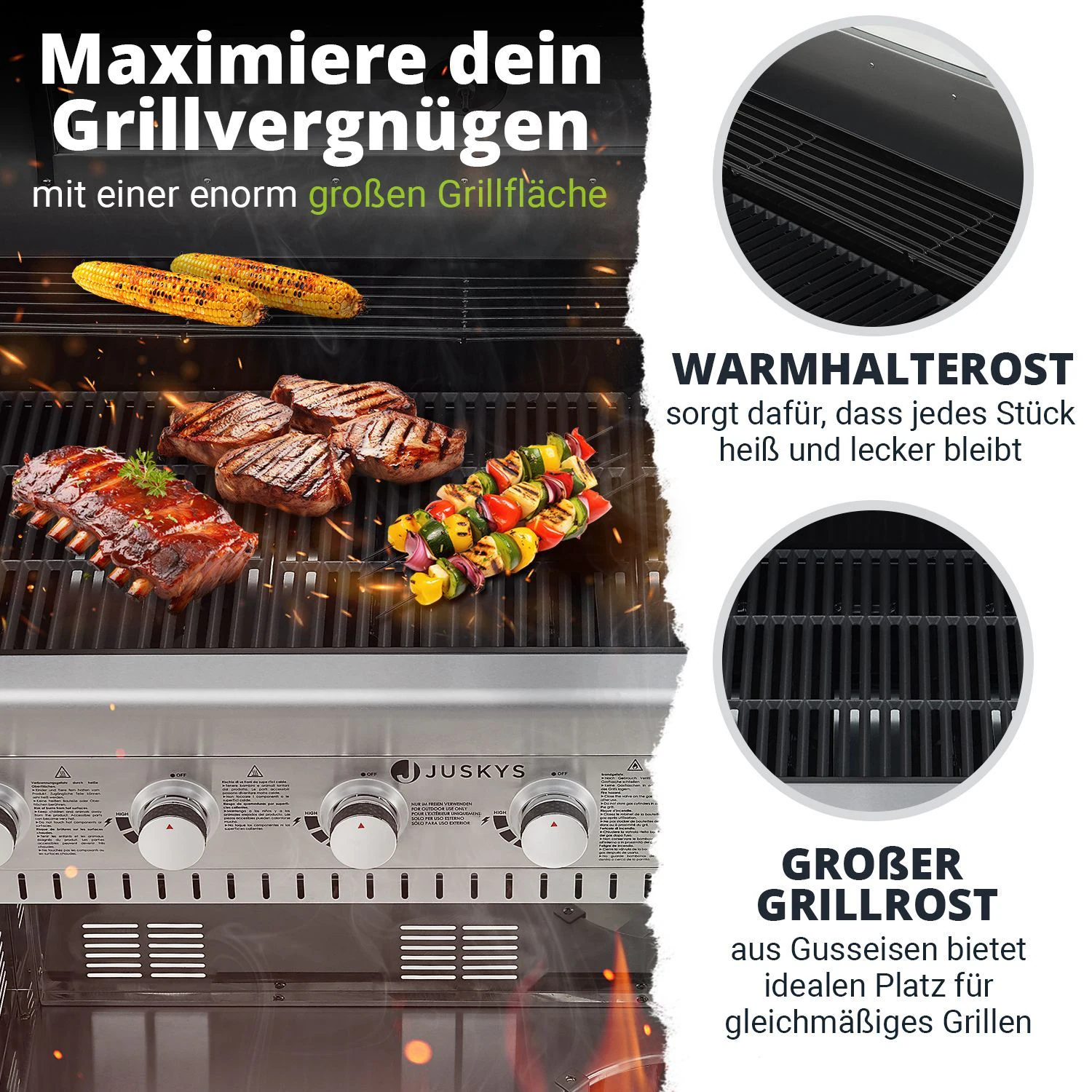 Juskys BBQ Gasgrill Minnesota - 6 Brenner & 1 Seitenbrenner - aus Edelstahl mit Gusseisen Rost
