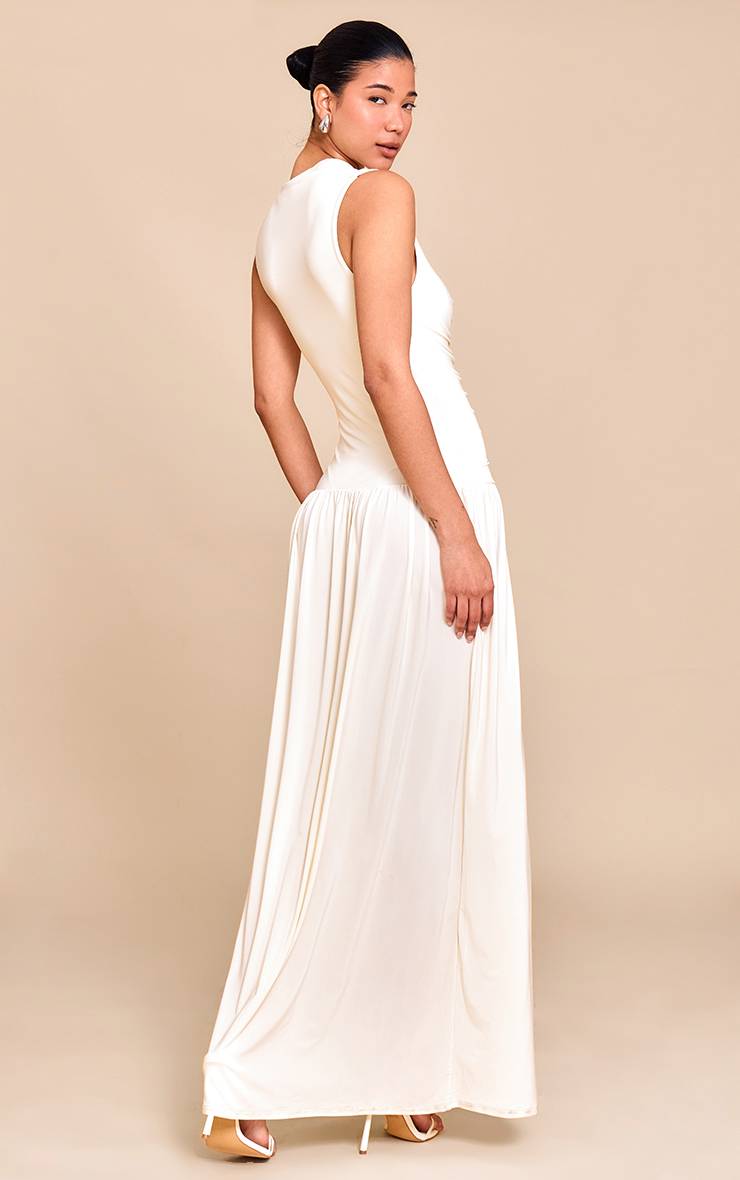 Crème Robe Longue Maxi À Taille Basse Froncée Double Couche Toucher Doux