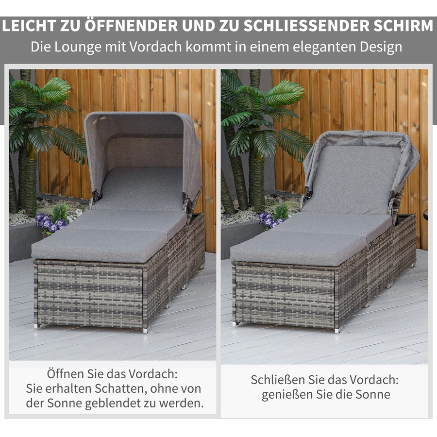 Outsunny Rattan Liege mit Sonnendach grau