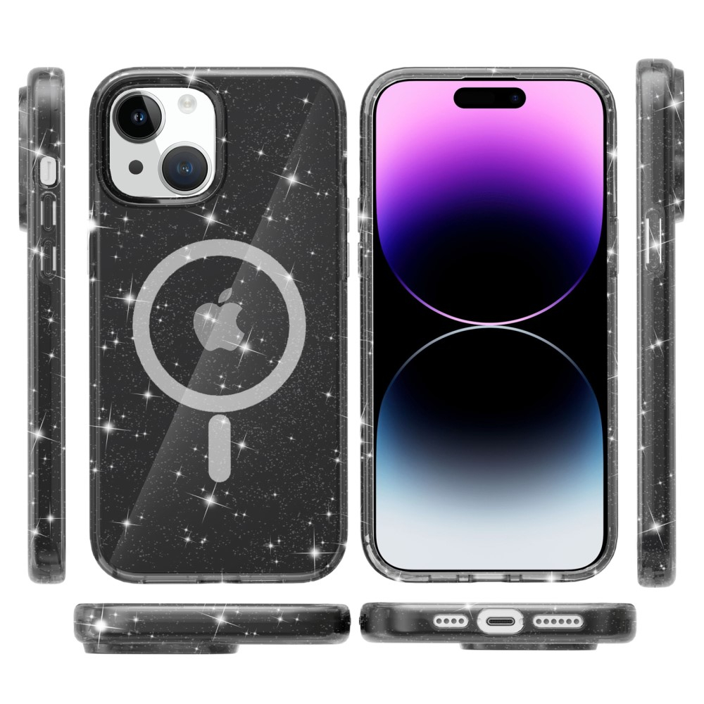 iPhone 15 MagSafe Hybrid Hardcase Hülle mit TPU Bumper Glitzer Design - Schwarz / Transparent
