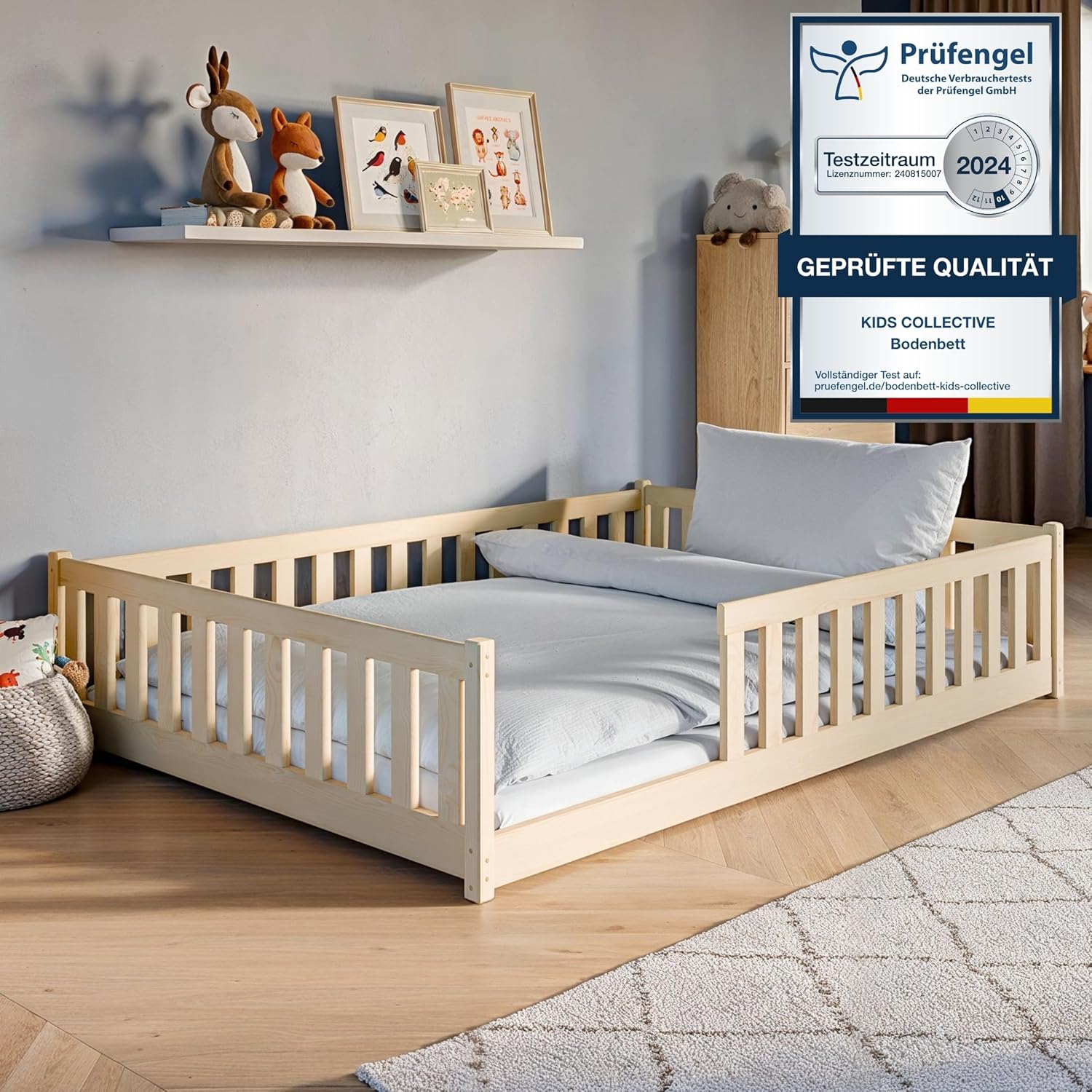 Kids Collective Kinderbett Bodenbett 140x200 cm Bett mit Rausfallschutz & Lattenrost Montessori Bett Bed Gitterbett Kinder Jugendbett Einzelbett | Natur