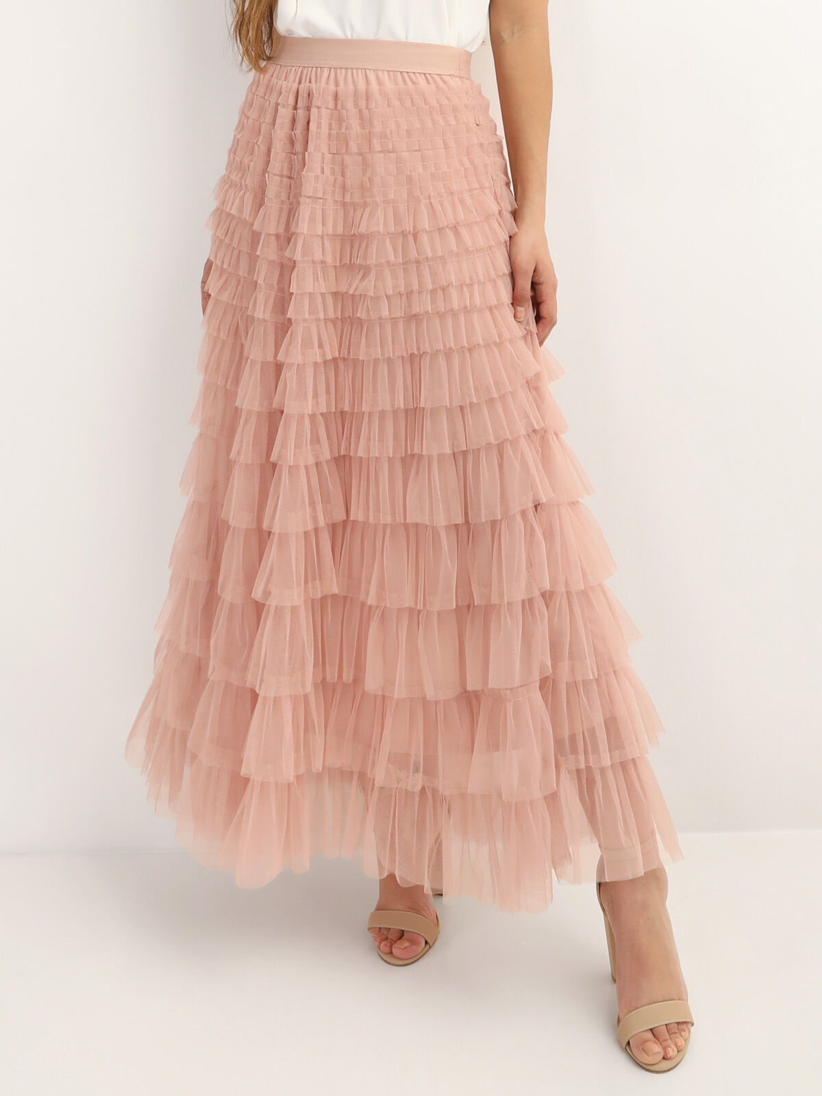 Jupe longue en tulle à volants- Vieux rose