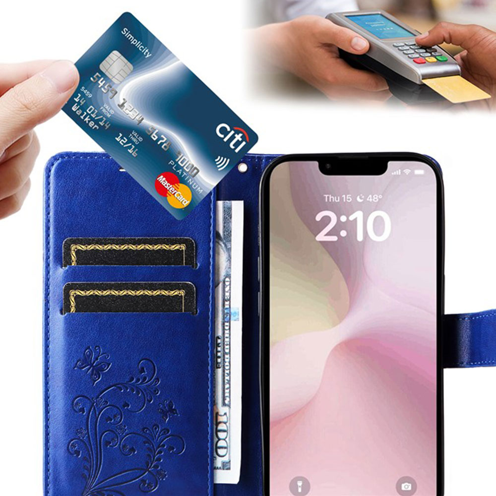 iPhone 16e Leder Tasche mit Kartenfach   Handschlaufe Schmetterling - Blau