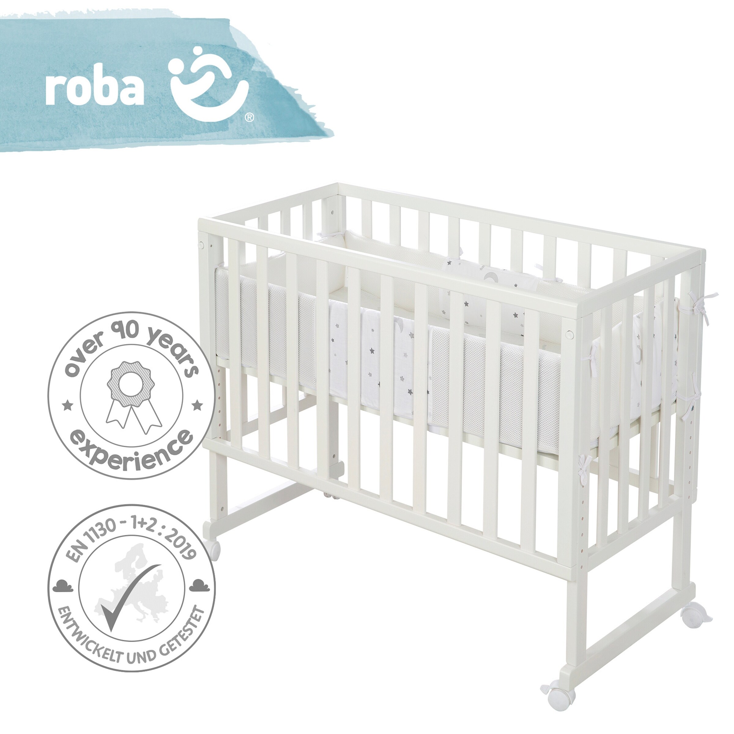 roba Stuben- & Beistellbett 3in1 mit Barriere  Sternenzauber grau safe asleep®