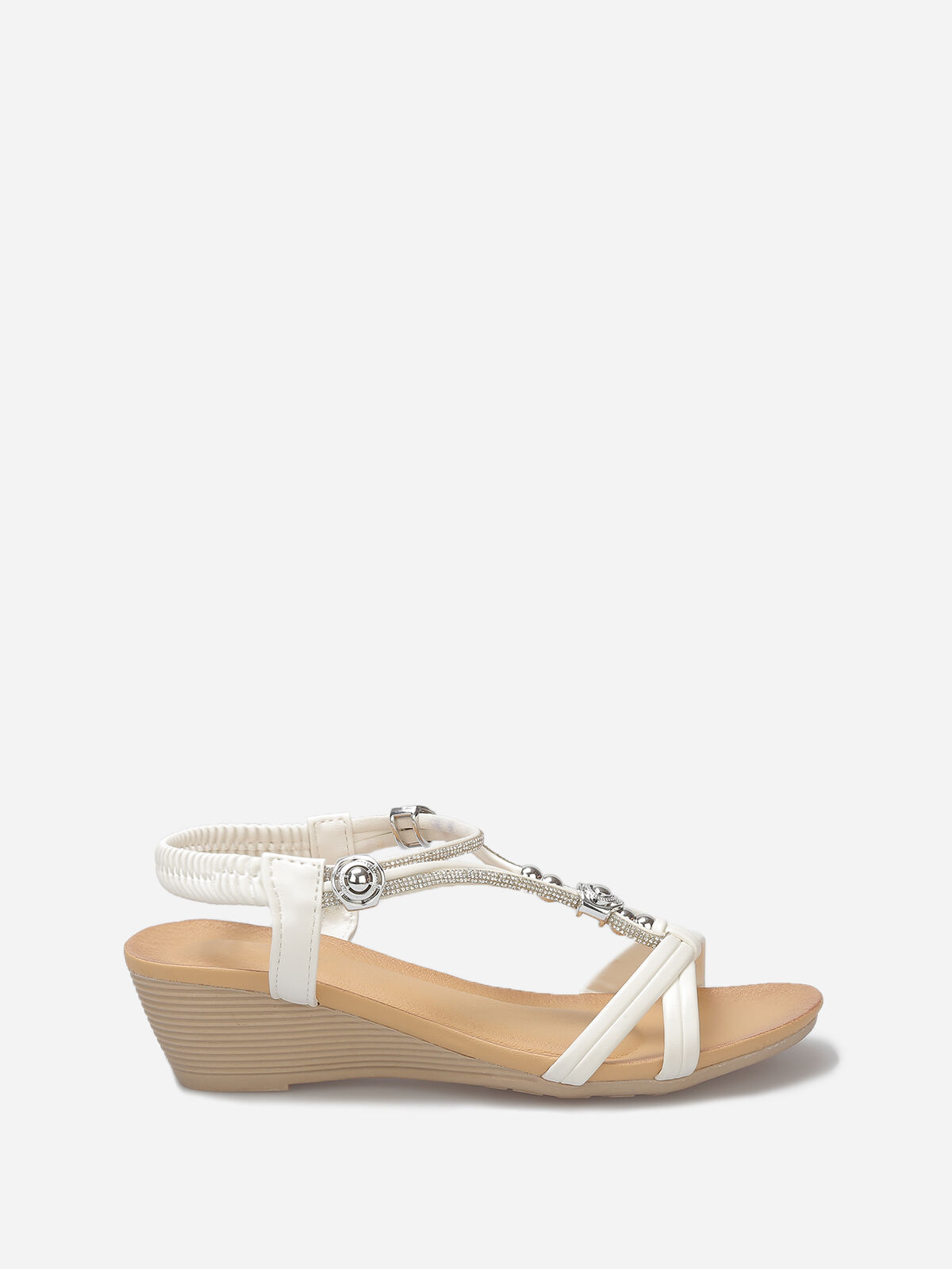Sandales compensées à perles et strass- Blanc