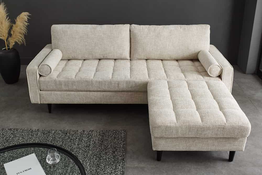 Design Hocker COZY VELVET 80cm beige Chenille Federkern Holzfüße