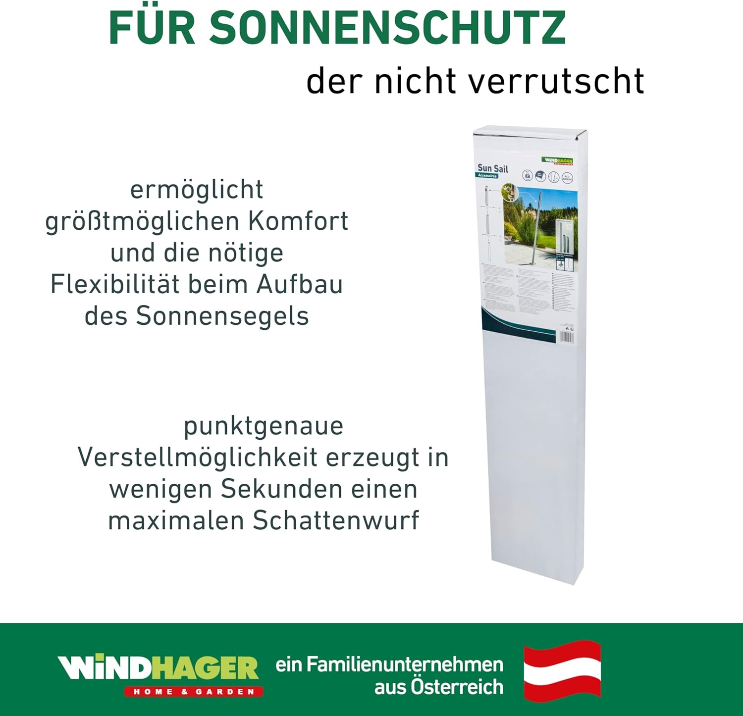 Windhager Sonnensegelmast Premium, Mast höhenverstellbar, Sonnensegelpfosten, Stahlmast, Aufstellstange für Sonnensegel, rostfrei, Masthöhe max. 242,5 cm, 10703, silber