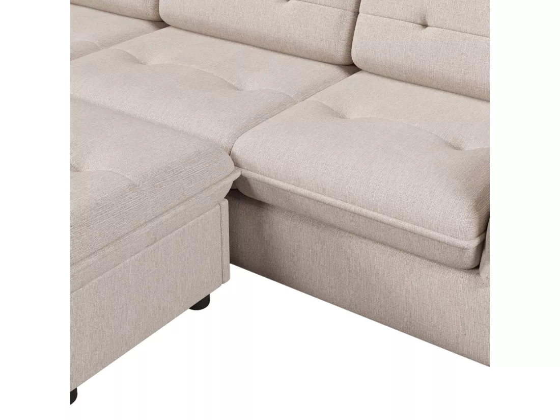 Canapé d'angle 3 places - tissu en lin - repose-pieds avec rangement - Beige