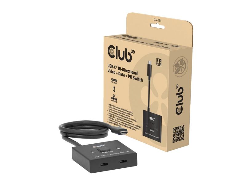 Club 3D 2-Port Signalsplitter CSV-2511 USB-C Switch USB-C Bidirektionaler Video   Daten   PD Switch