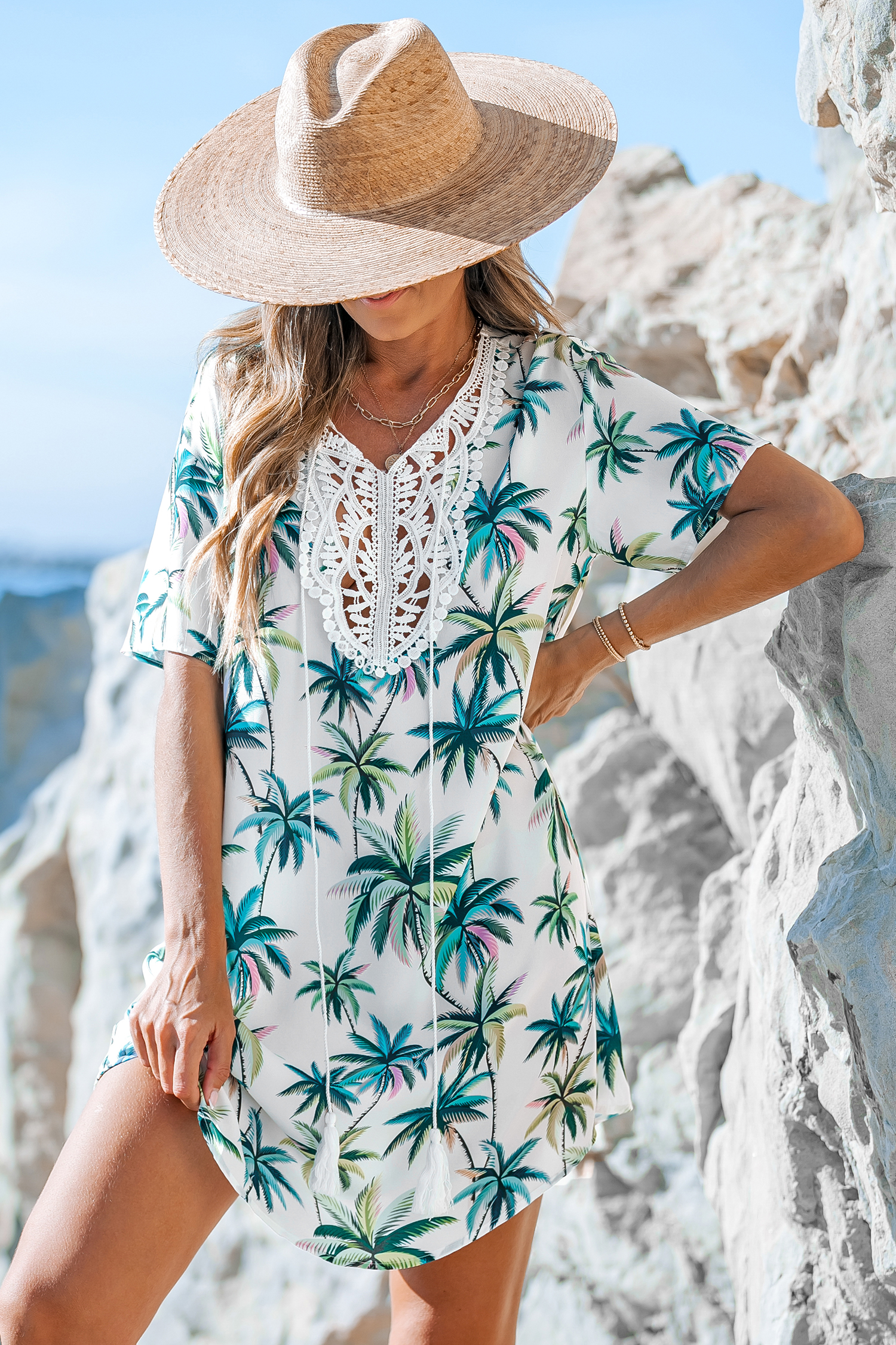 Robe mini cover up en dentelle à imprimé palmier