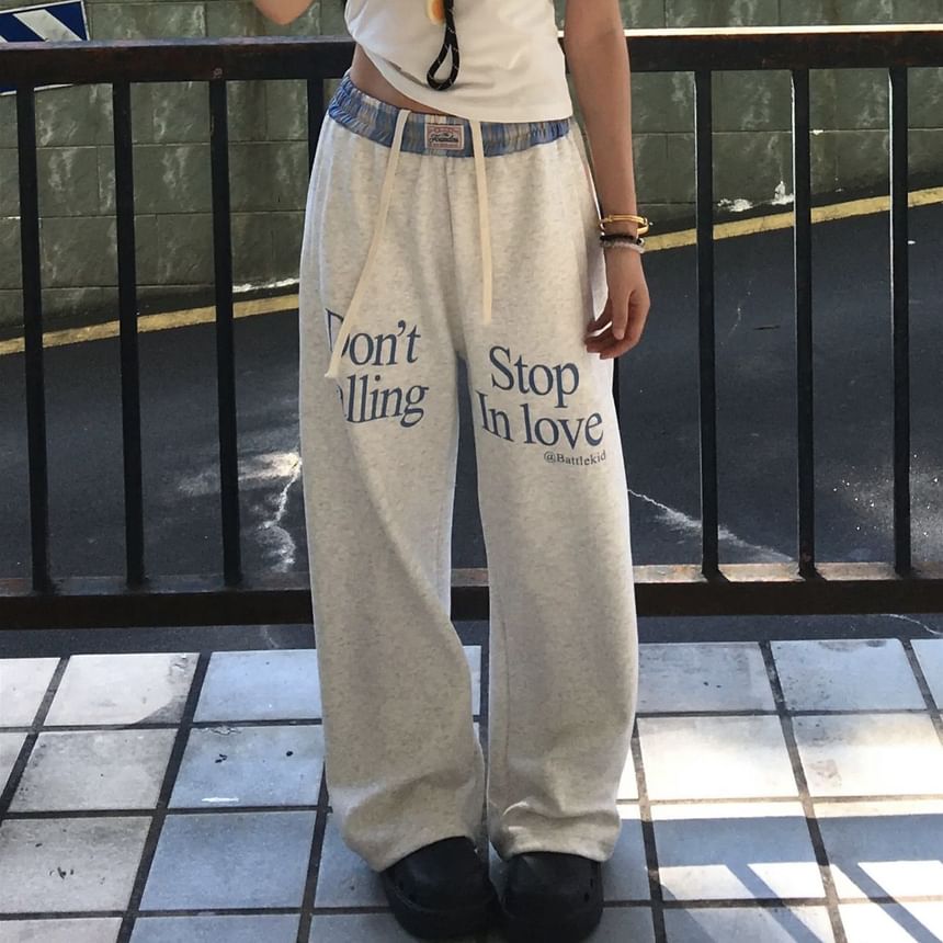 Jerolenea - Trekkoord taille met letterprint, geruit paneel en wijde pijpen, joggingbroek