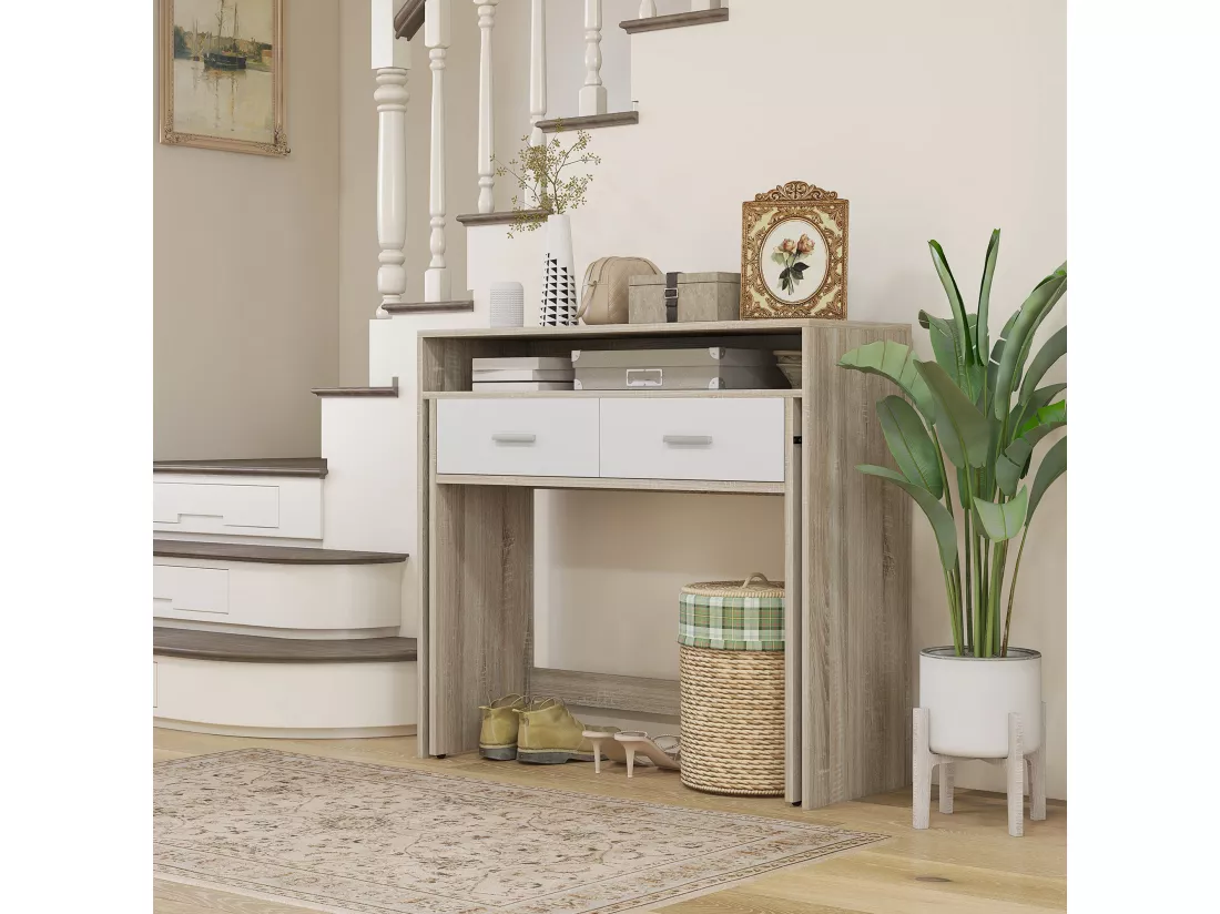 Console secrétaire 2 en 1 - plateau coulissant, 2 tiroirs - dim. 95L x 35P x 87H cm - blanc naturel