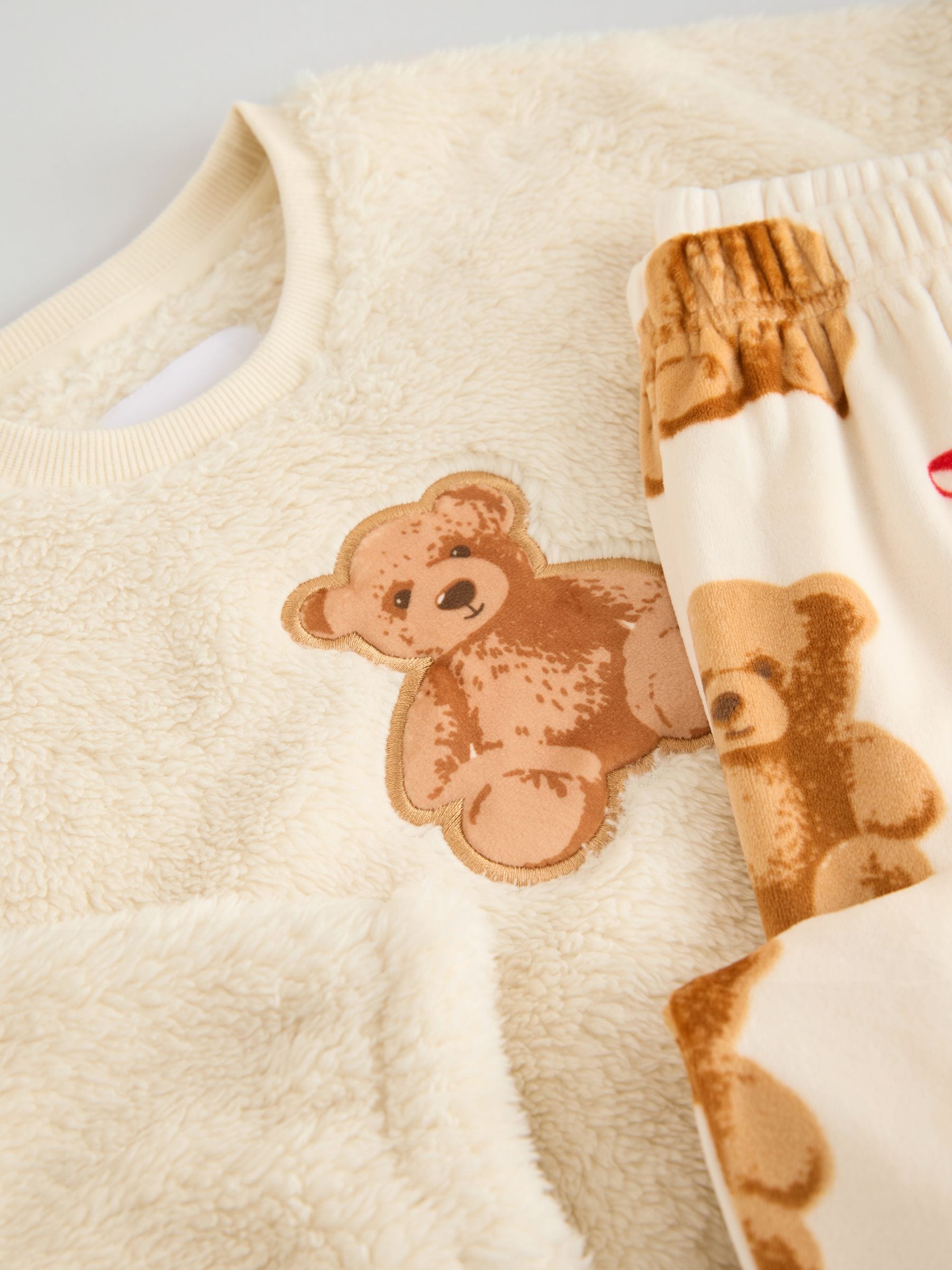 Cream Bear Applique - Fleece Pyjamas Set (12mths-16yrs)