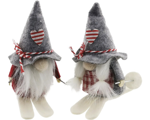 Kerstversiering: Kabouter op ski's, vilt, grijs/rood