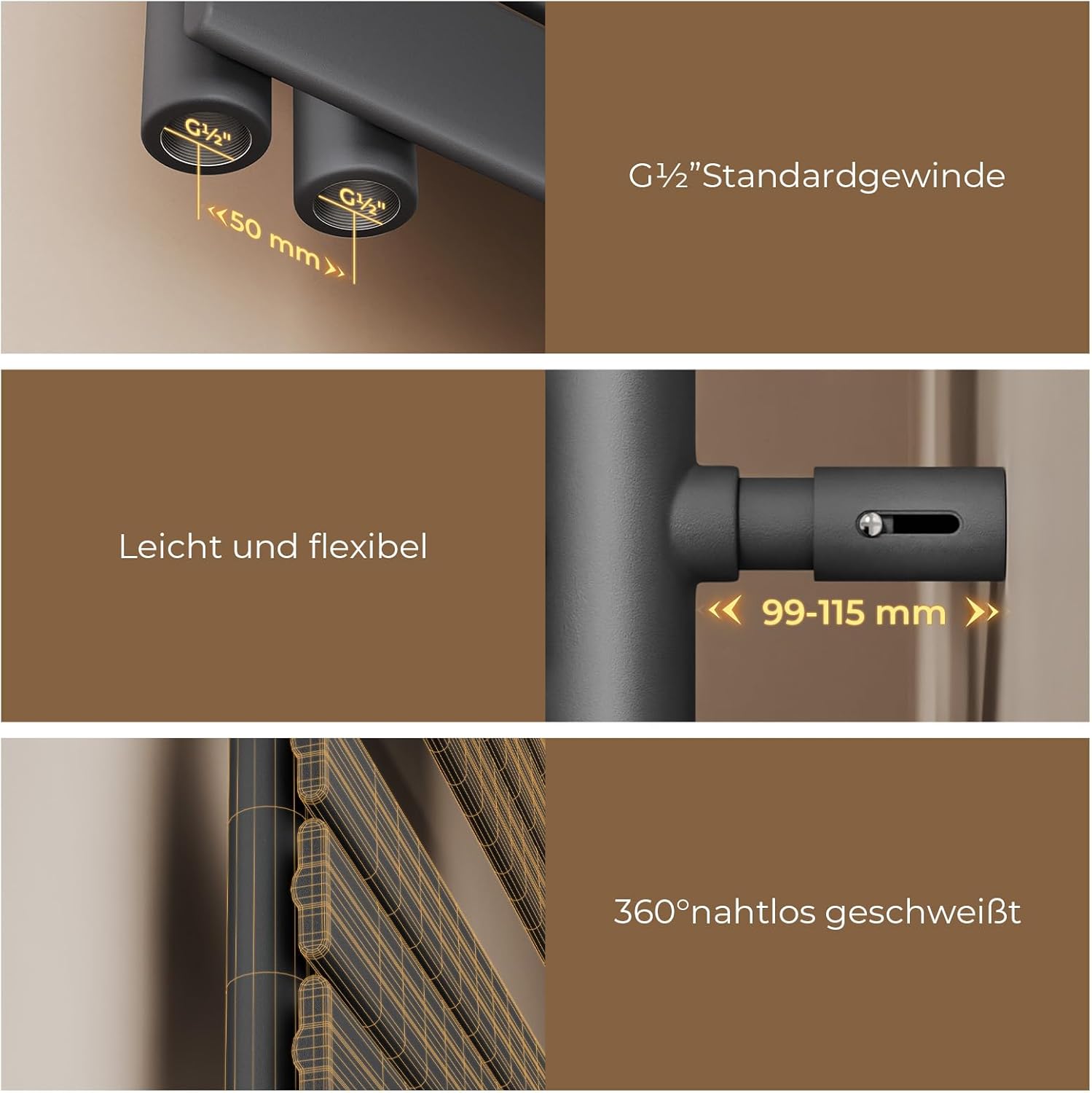 S'AFIELINA Design Badheizkörper Handtuchheizkörper Anthrazit Flach Paneel mit Mittelanschluss 1599x600mm Heizkörper für Bad Handtuchtrockner 1005 Watt (Ohne Thermostatventil)