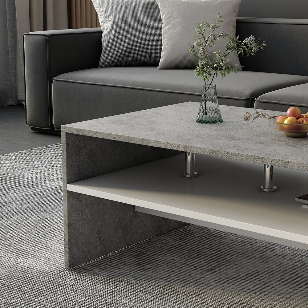 Oskar-Store Couchtisch Mike 90 x 42 cm, Beton Weiß, moderner Tisch mit Ablagen