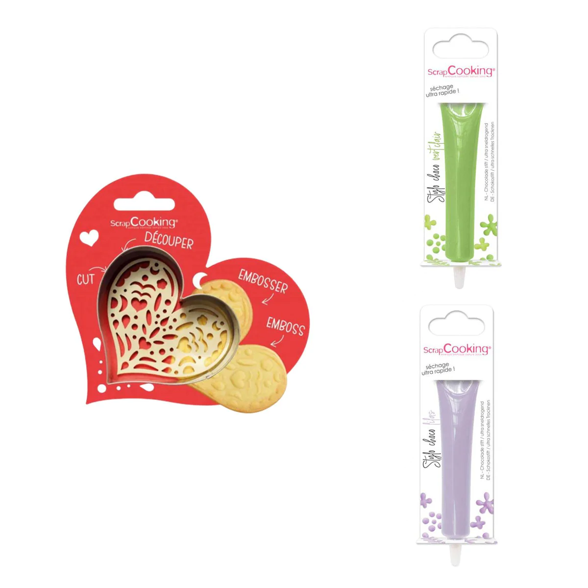 Kit pour biscuit en relief Coeur + 2 Stylos au chocolat vert clair et