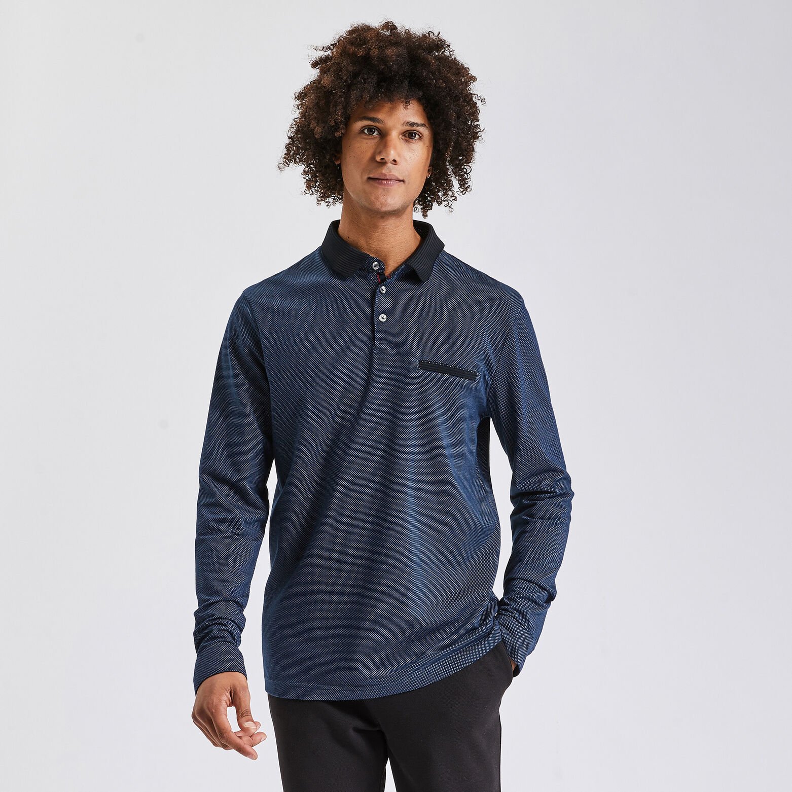 Polo manches longues jacquard col fantaisie Bleu foncé
