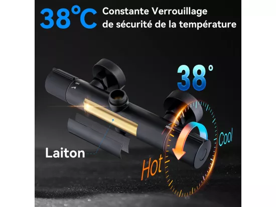 Colonne de Douche Thermostatique Ensemble de Douche Noir avec Douchette 3 Jets Kit de Douche Hauteur Réglable Mitigeur en Laiton Durable