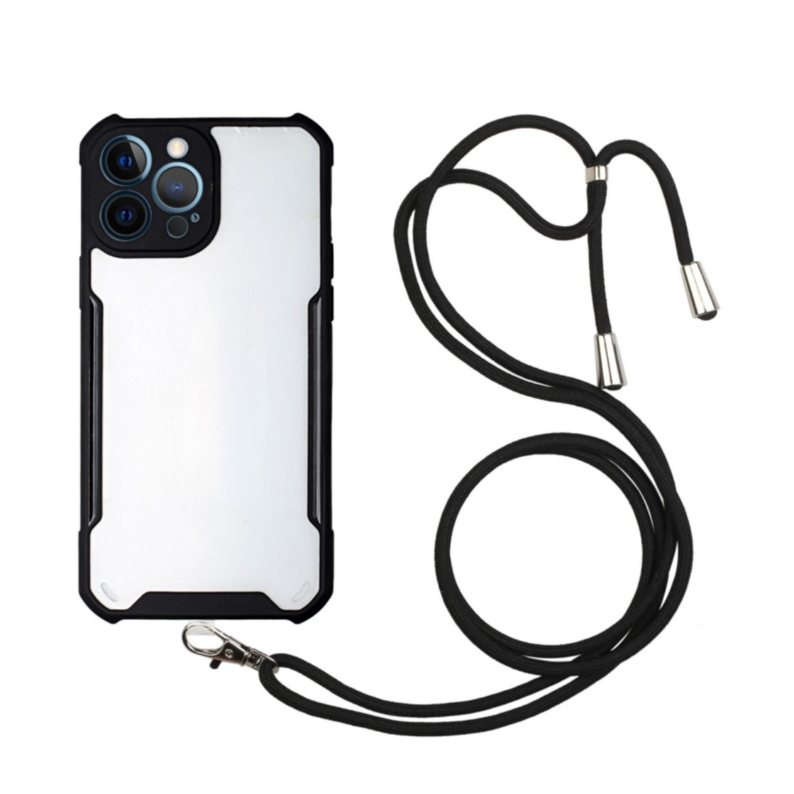 iPhone 13 Pro Hybrid Hülle TPU Bumper Acryl Rückseite   Necklace Handykette (150cm) - Transparent / Schwarz