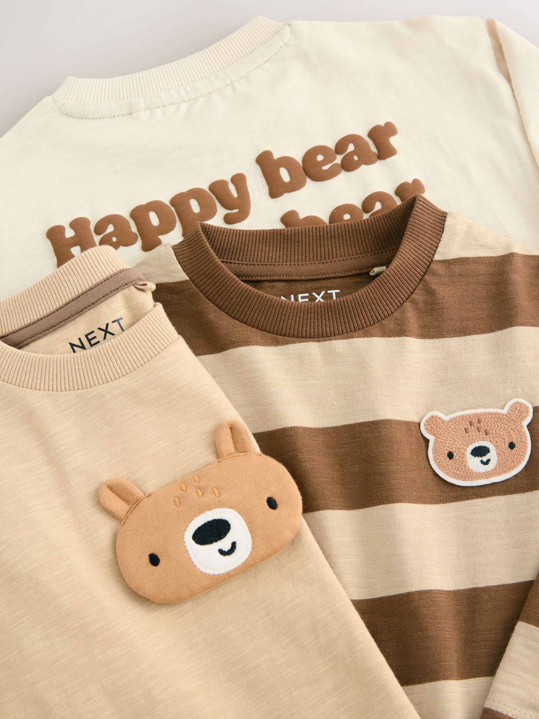 Bruin met beer - Set van 3 T-shirts met lange mouwen en applicatie (3mnd-7jr)
