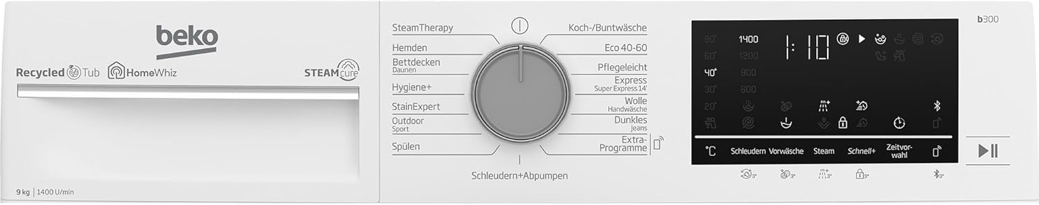 Beko B3WFU59415W2 b300 Waschvollautomat, 9 kg, Waschmaschine, Restzeitanzeige, 1400 U/min, Dampffunktion, AddXtra-Nachlegefunktion, Bluetooth, StainExpert, Hygiene+ allergikergeeignet, Weiß