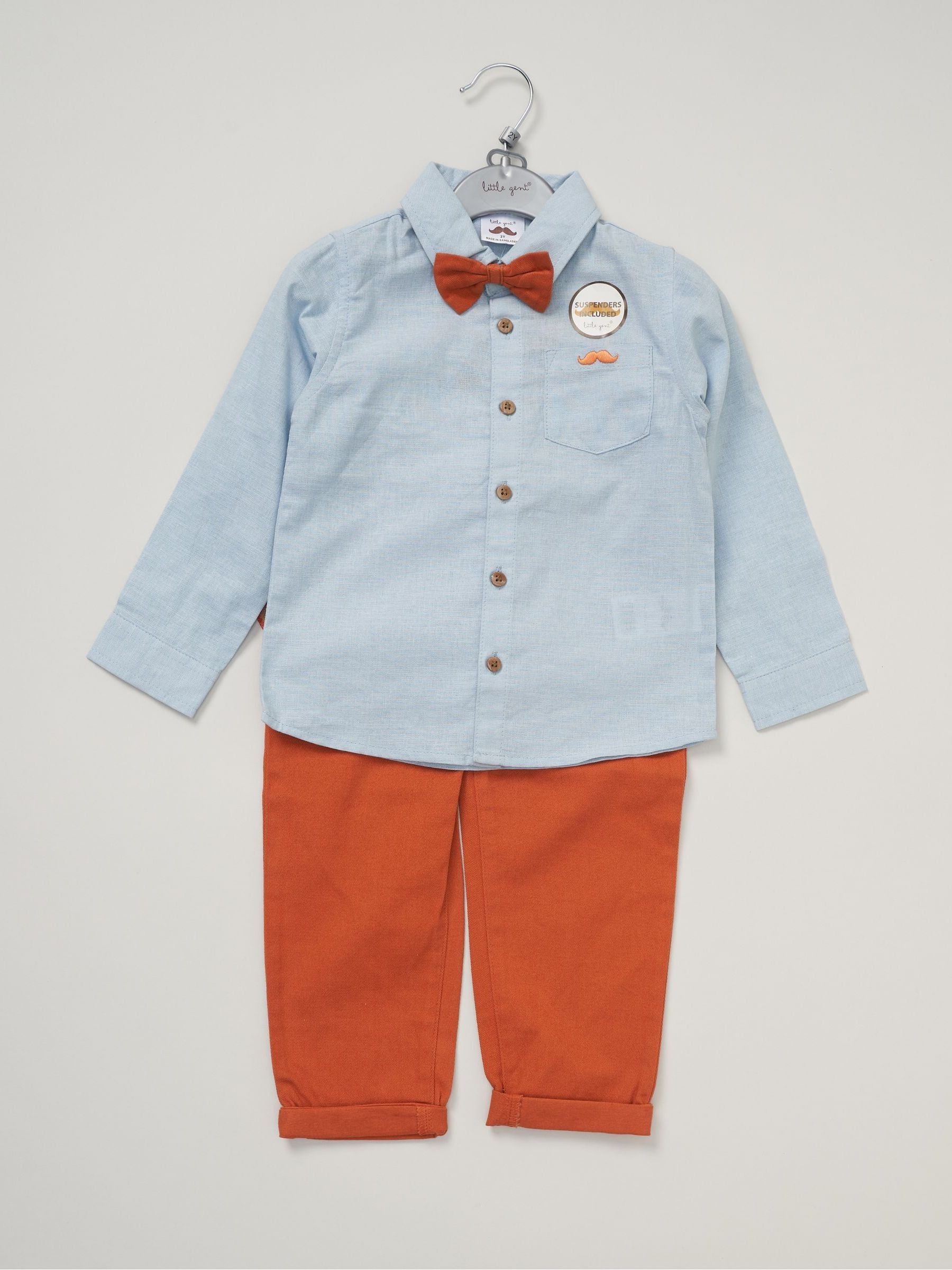 Donkerblauw - Little Gent overhemd en broek met bretels en sierstrik van imitatie 100% katoen