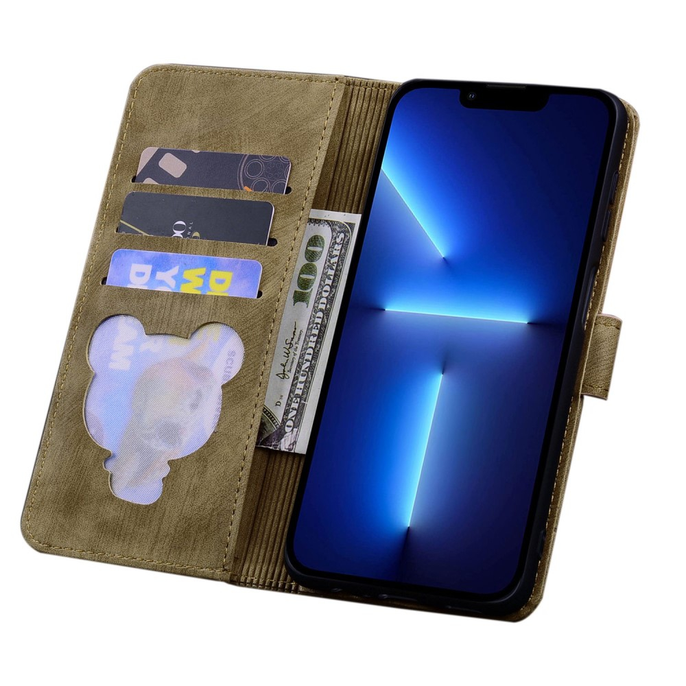 iPhone 13 Pro Leder Tasche Flip Cover Katze & Blumen Imprint - Braun