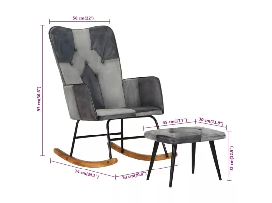 Chaise à bascule et repose-pieds Gris Cuir véritable et toile