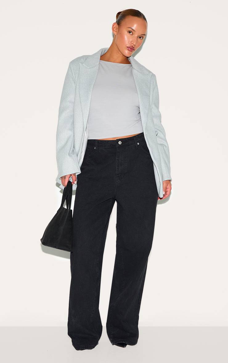 Gris Blazer Grande Taille Asymétrique À Double Boutonnage Aspect Laine