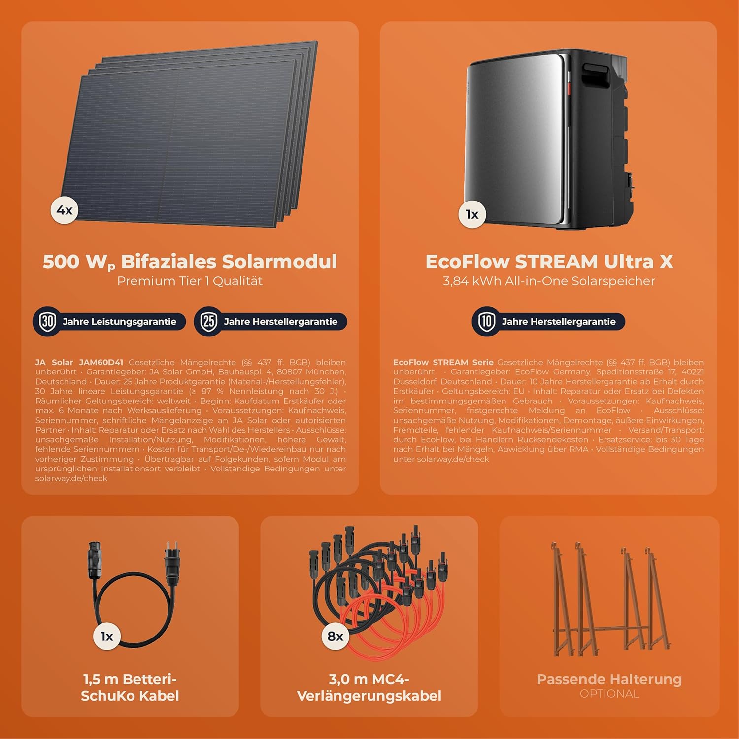Solarway Balkonkraftwerk 2000Wp / 800W mit 3,8 kWh EcoFlow STREAM Ultra X Speicher – Komplettset mit 500W Solarmodulen, Wechselrichter & Zubehör – steckerfertige Mini-Solaranlage für die Steckdose