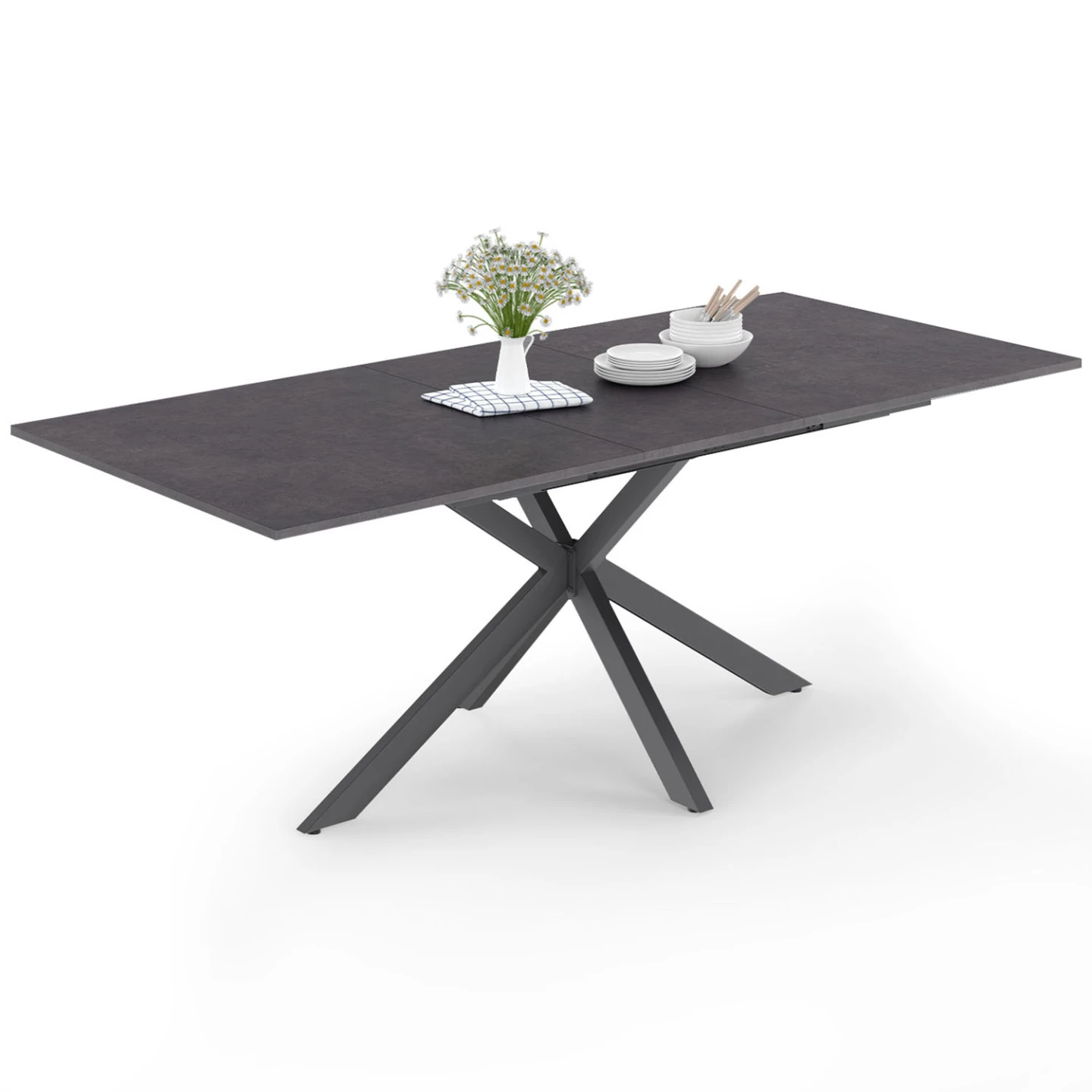 Table à manger extensible rectangle JASPE 6-10 personnes plateau effet béton pied araignée gris anthracite 160-200cm