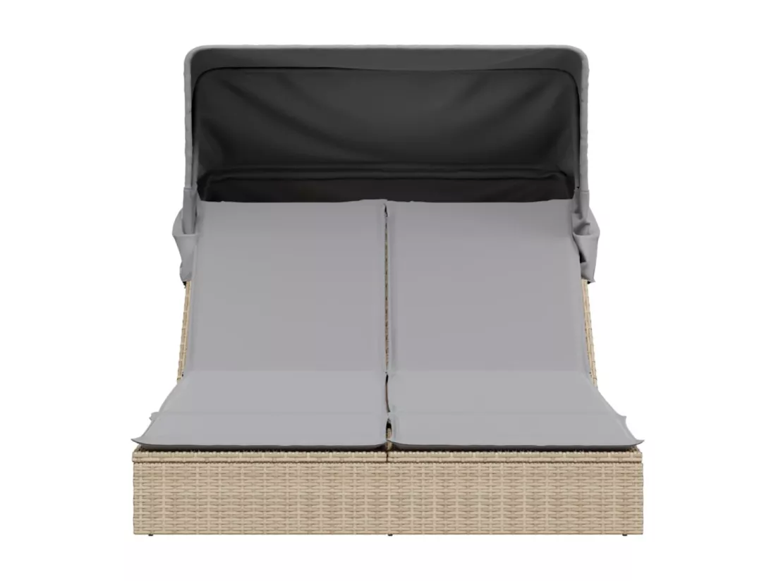 Chaise longue double avec auvent et coussins beige poly rotin