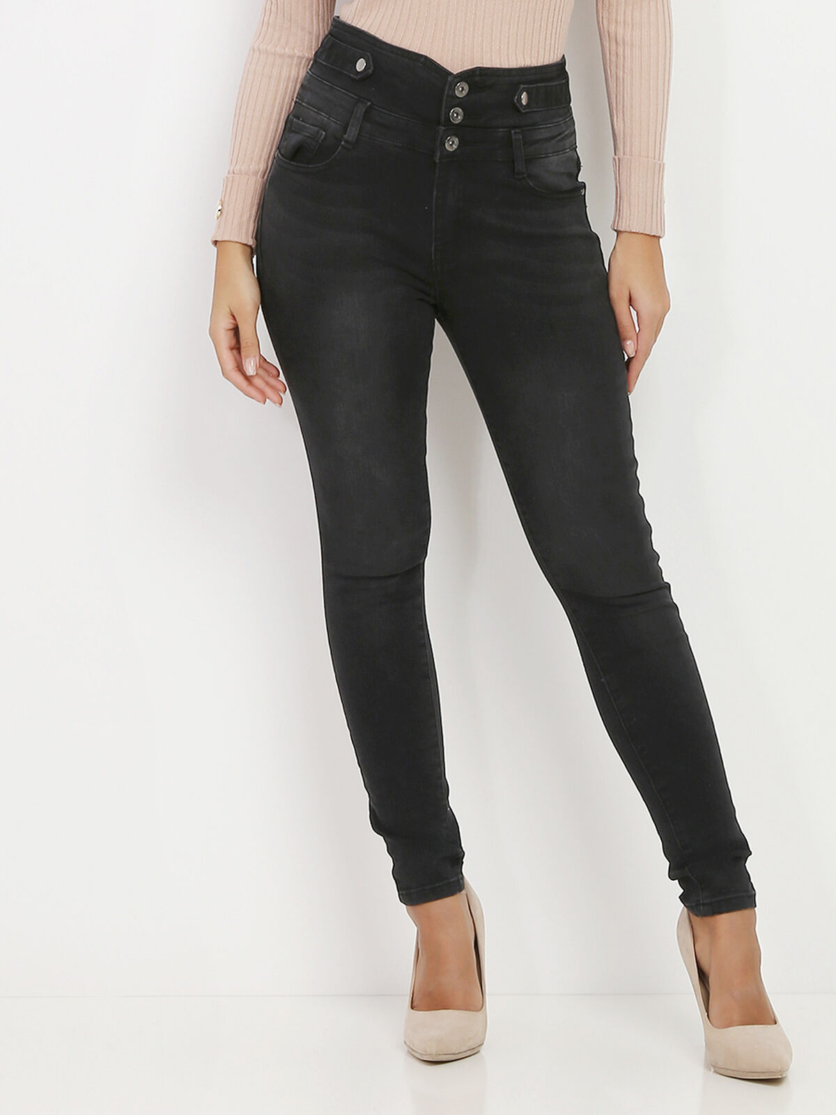 Jeans skinny délavé à taille haute- Gris