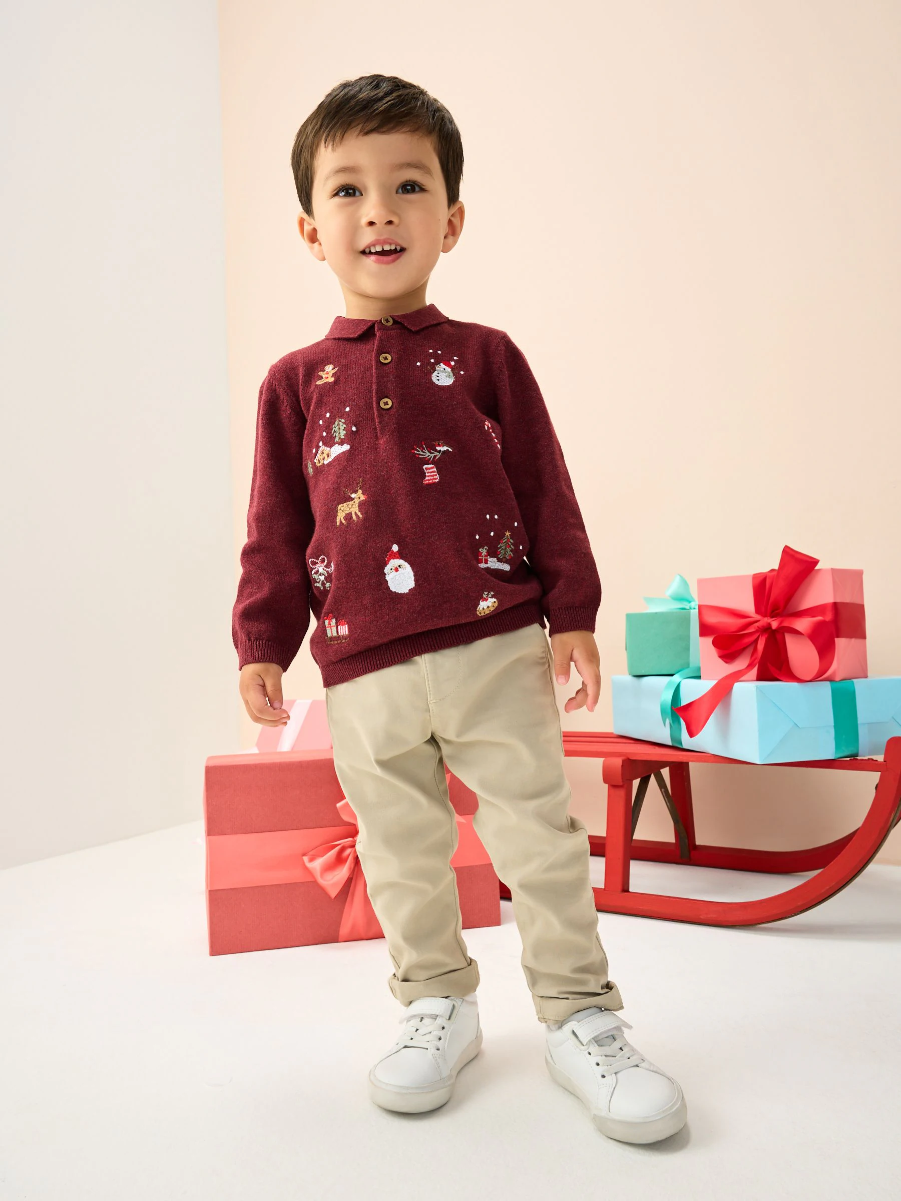 Paarsblauw - Gebreid Kerstmis Poloshirt met borduursel (3mnd -7jr)