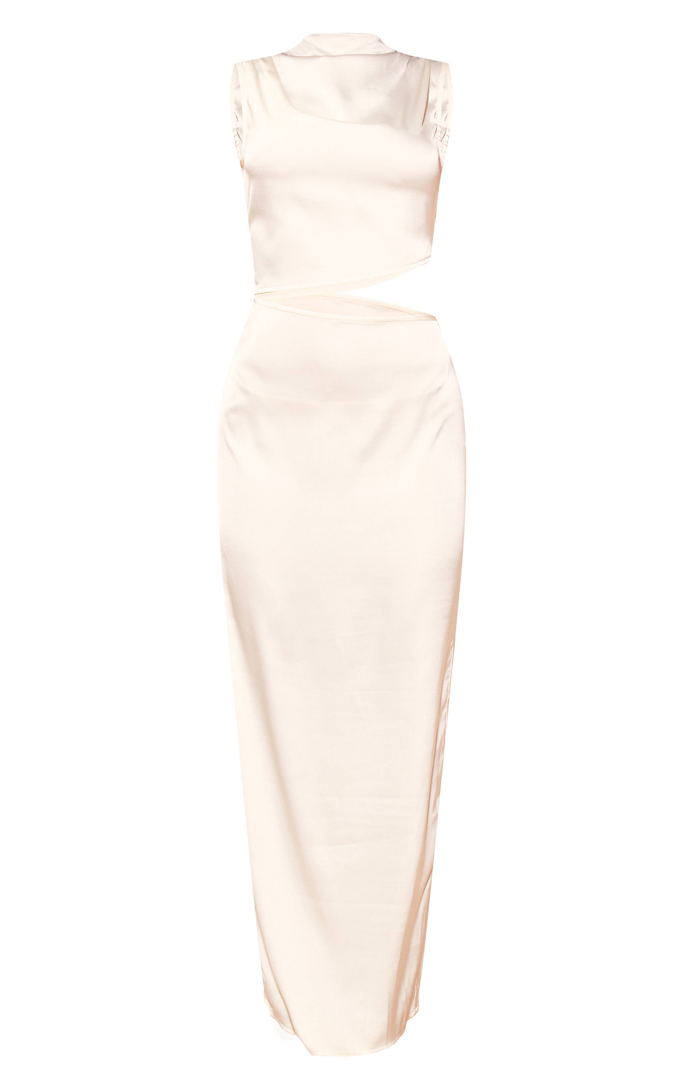 Crème Robe Longue En Satin À Col Montant Avec Découpes