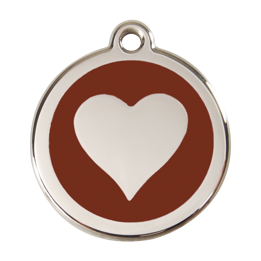 Placa de identificação para cães em aço inoxidável esmaltado marrom com formato de coração