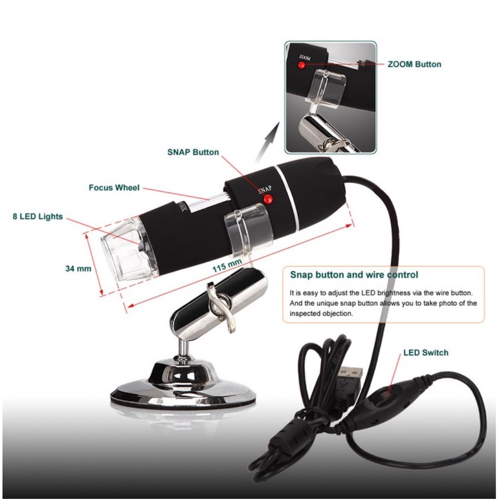 Portables USB 2.0 8-LED Digital Mikroskop (50x-500x) 1.3MP Video Kamera - Schwarz