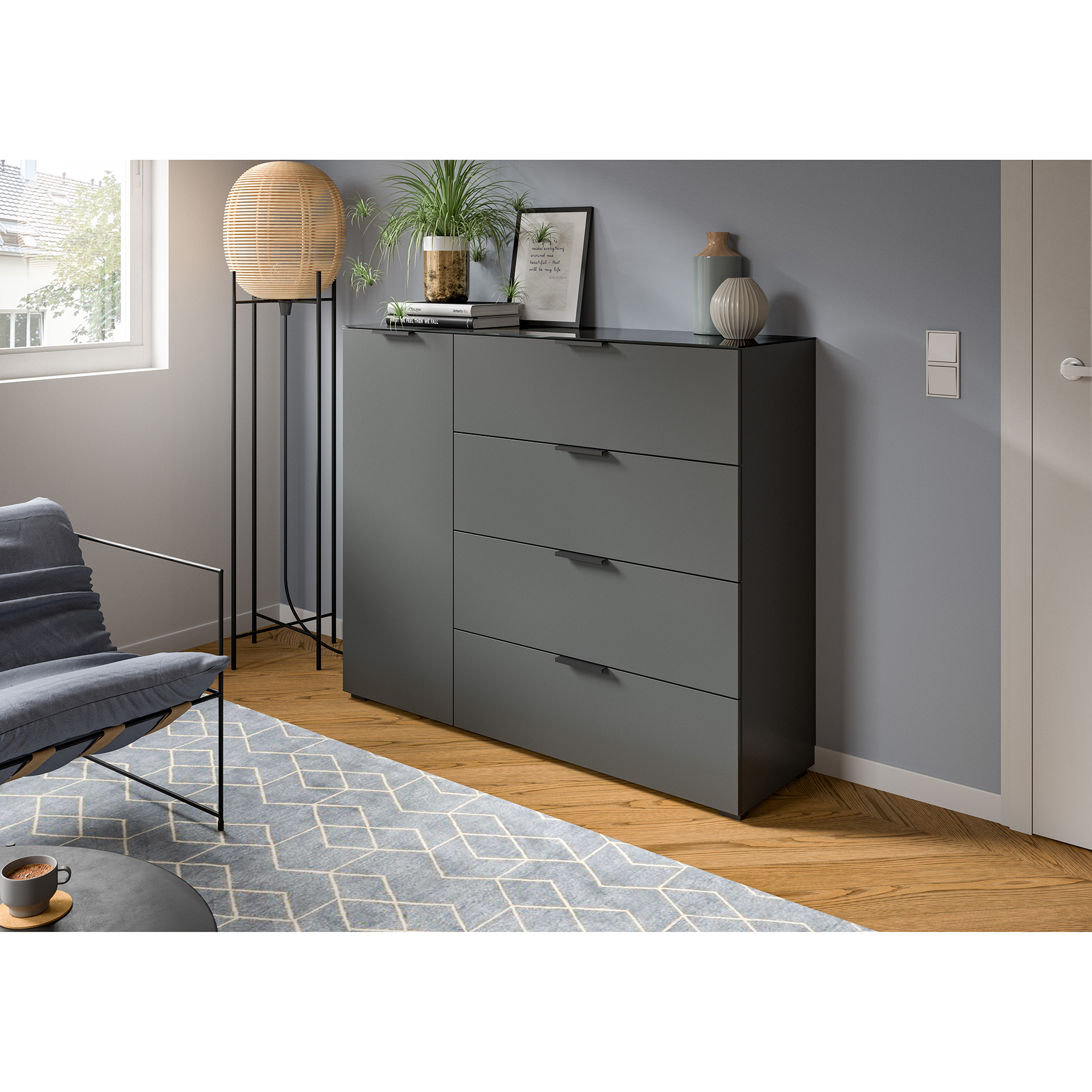 Sideboard RAY - anthrazit - Glasplatte - 135 cm