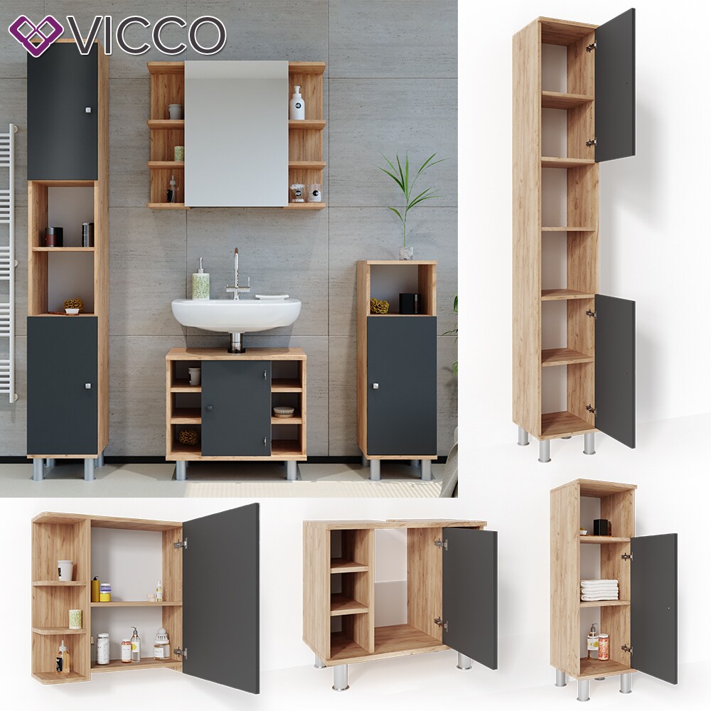 VICCO Badmöbel Set FYNN Eiche Anthrazit Bad Spiegel Unterschrank Badschrank Midi