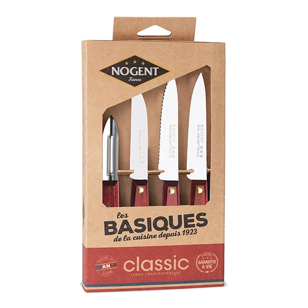 Coffret 3 couteaux d’office et 1 éplucheur Kraft Classic bois merisier