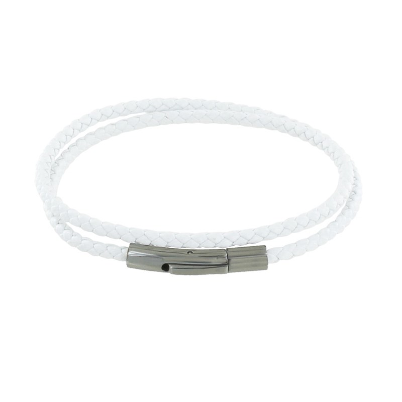 Bracelet Femme Double Tour Cuir Tréssé Rond pour Poignet de 18cm - Blanc